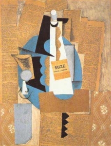 Em Garrafa de Suze (1912), Pablo Picasso apropria-se de elementos tipográficos de um jornal para compor a tela (imagem: Wikimedia Commons)/Agência Fapesp.