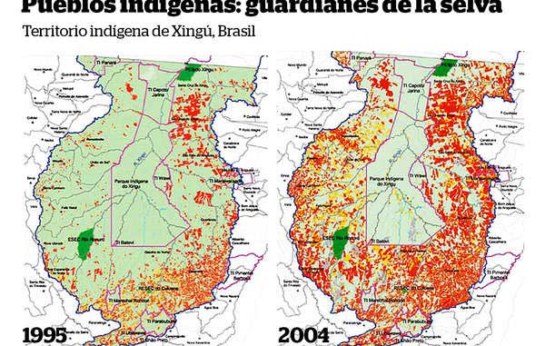 O parque indígena do Xingu (delimitado em rosa) é o lar de várias tribos. Proporciona uma barreira vital contra o desmatamento (em vermelho) da Amazônia brasileira. Imagem: ISA (Instituto Socioambiental).